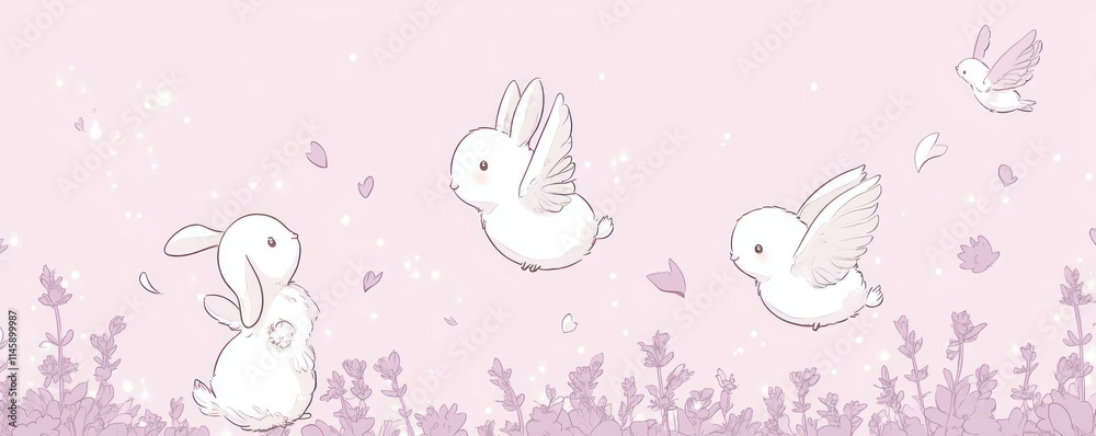 Winged rabbits float on lavender field with falling petals, sparkles, pink background. Winged rabbits float on lavender field with falling petals, sparkles, pink background.