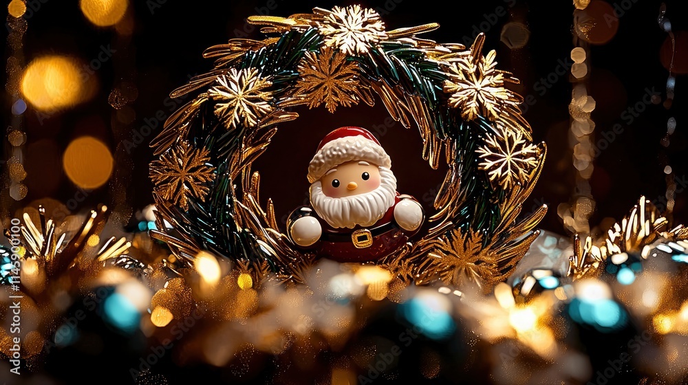 Obraz premium Festive Santa Claus Figurine in a Glittering Christmas Wreath
