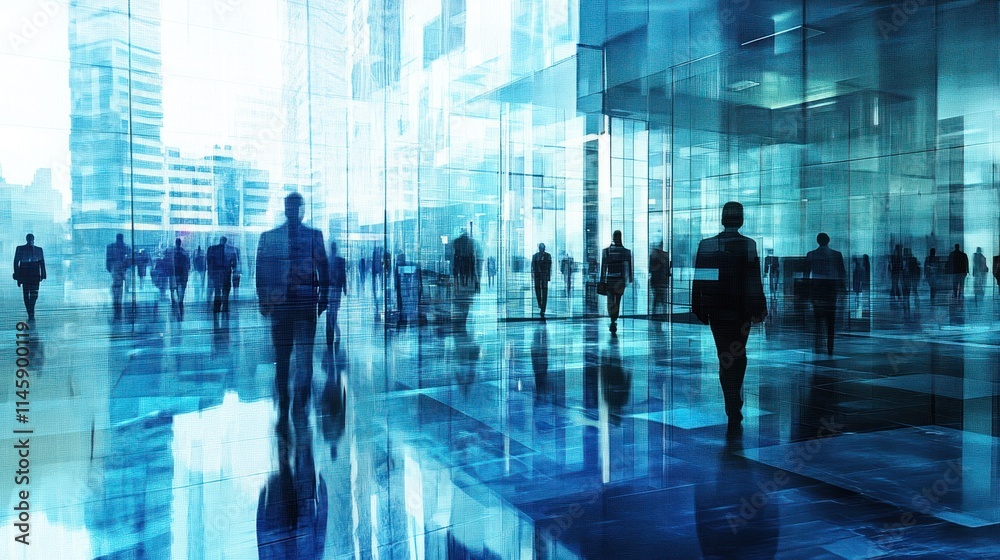 Urban Business Commute: Silhouettes of Professionals Walking Through a Modern Glass Building Urban Business Commute: Silhouettes of Professionals Walking Through a Modern Glass Building