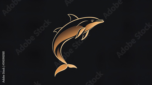 Minimalist dolphin icon design in gold color on dark background photo