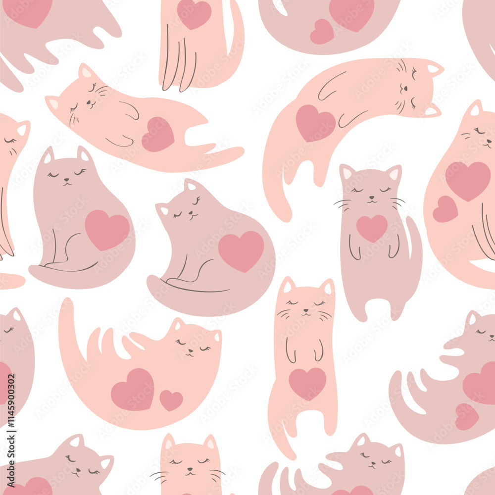 Obraz premium Vector Valentine Day illustration with cute hand drawn cats and hearts seamless pattern isolated on white background. Adorable animal design template for card print, poster, decoration
