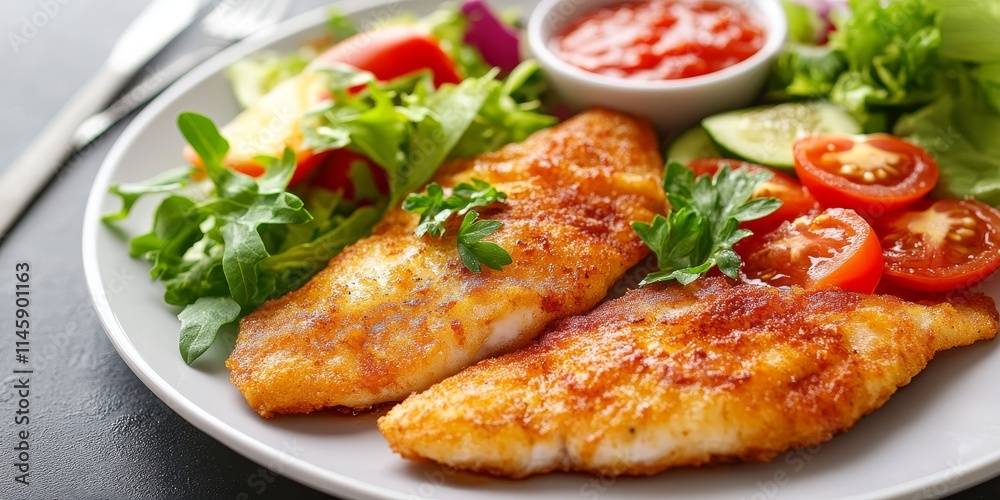 Fried fish served with delicious tomato sauce and a fresh salad on a white plate creates a delightful meal. Enjoy the combination of flavors from the fried fish, tomato sauce, and salad. Fried fish served with delicious tomato sauce and a fresh salad on a white plate creates a delightful meal. Enjoy the combination of flavors from the fried fish, tomato sauce, and salad.