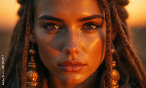 Female model with striking braids at sunset