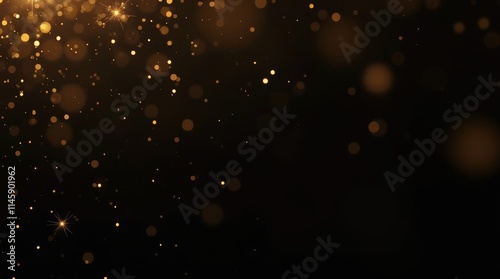 Golden bokeh lights on a black background. Abstract shimmering particles in a dark atmosphere. Copy space