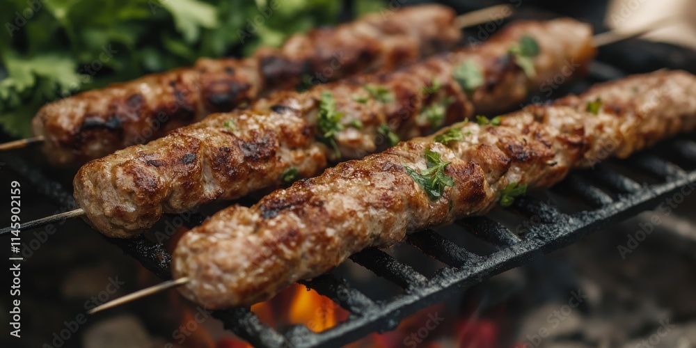 Close up of lula kebab sizzling on the grill, showcasing the delicious lula kebab during a picnic while enjoying cooking in a natural setting. Perfect for food enthusiasts and outdoor lovers. Close up of lula kebab sizzling on the grill, showcasing the delicious lula kebab during a picnic while enjoying cooking in a natural setting. Perfect for food enthusiasts and outdoor lovers.
