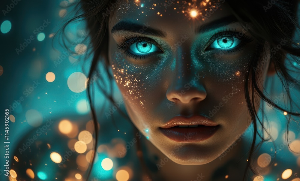 Close-up of a young woman with glowing eyes Close-up of a young woman with glowing eyes