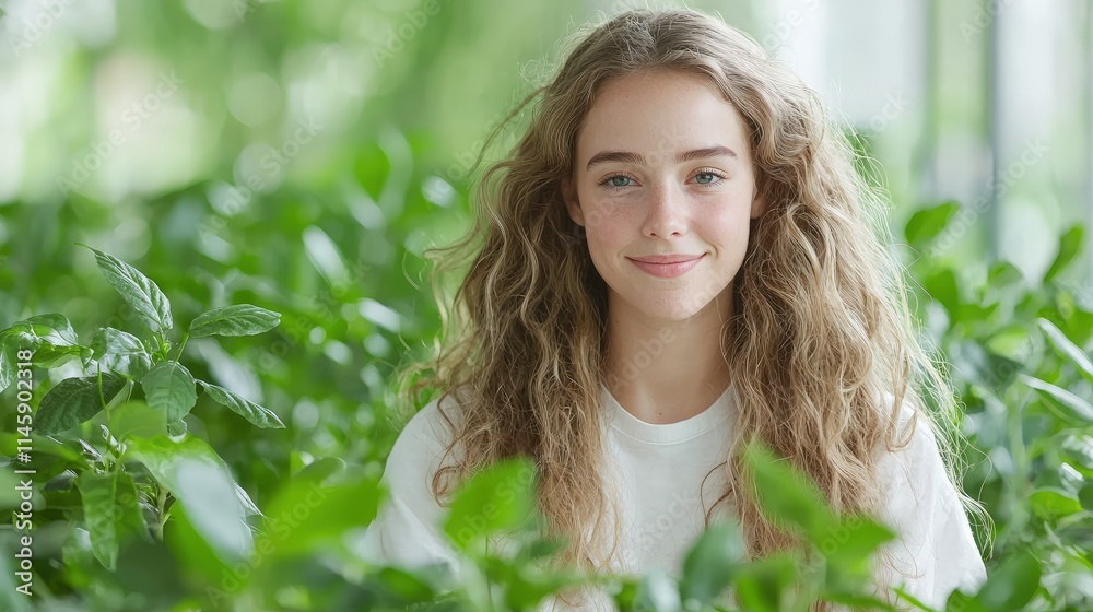 Happy young woman with curly hair surrounded by lush green plants. Happy young woman with curly hair surrounded by lush green plants.