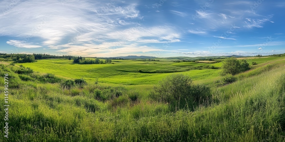 Obraz premium A panoramic view of a lush green field showcases the vibrant greenery and natural beauty of the landscape, highlighting the serenity found in this picturesque green field setting.
