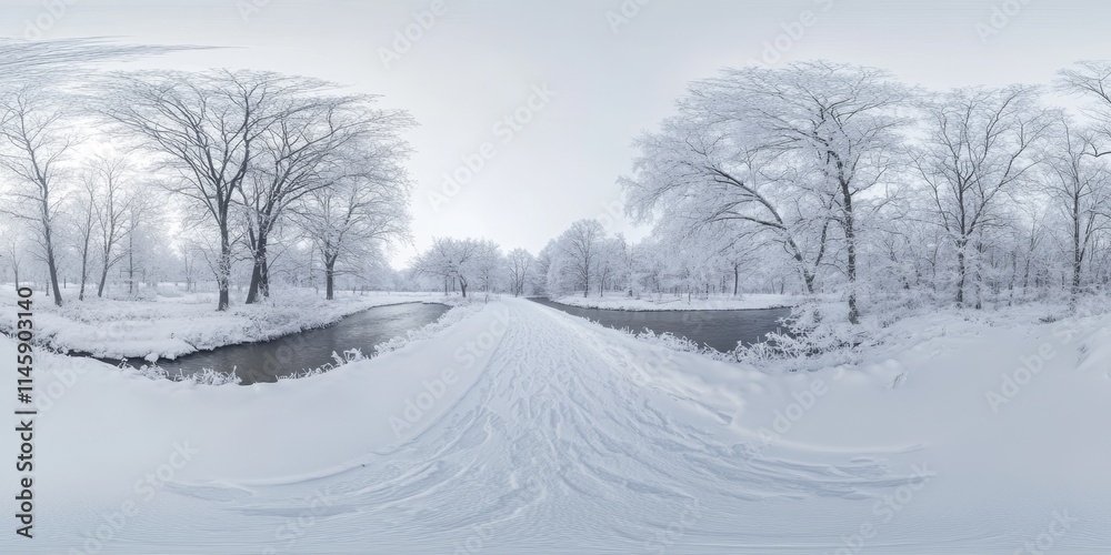 Fototapeta premium Winter seamless panorama offers a full 360 degree view of a snowy park road alongside a small river, featuring a gray pale sky. This winter panorama is perfect for VR and AR content.