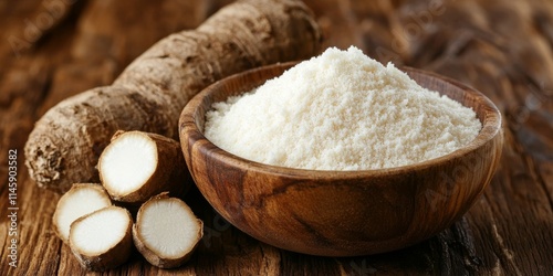 Tapioca starch, also known as tapioca flour, is displayed in a wooden bowl along with dry cassava root. This versatile tapioca starch can be used in various culinary applications.