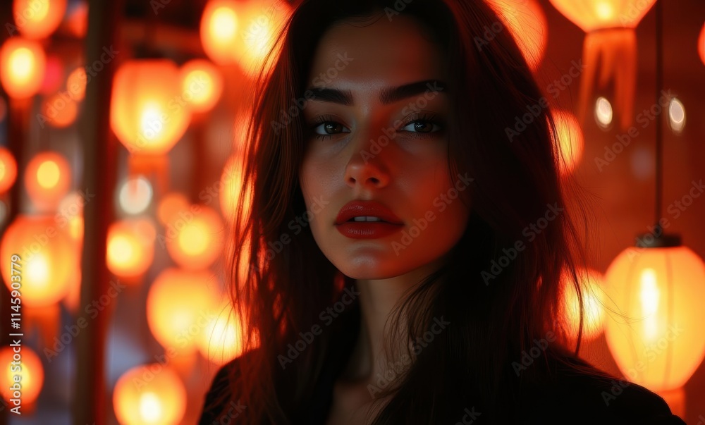 Young woman with dark hair in warm lights. Young woman with dark hair in warm lights.