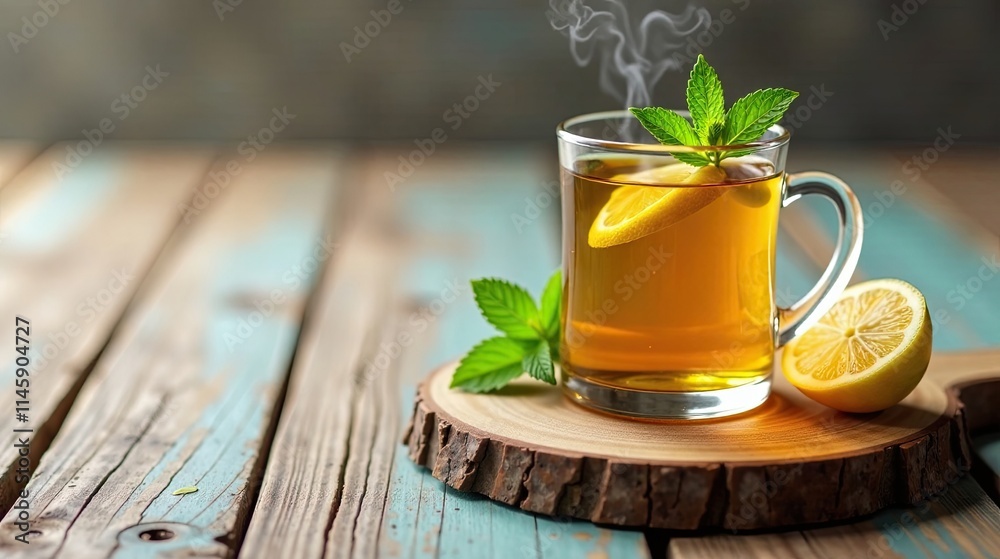 Aromatic Herbal Tea with Lemon and Mint, Served in a Glass Mug on Rustic Wooden Surface Aromatic Herbal Tea with Lemon and Mint, Served in a Glass Mug on Rustic Wooden Surface