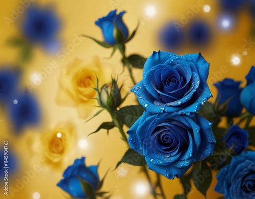 blue rose on yellow abstract background with glitter
