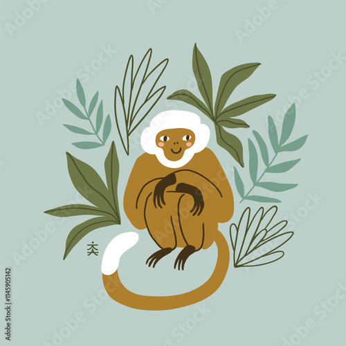 Vector hand-drawn illustration. Monkey in rainforest. Tropical leaves print design. Isolated animal.