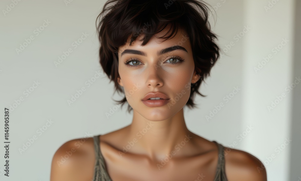 Young woman with short hair and striking features Young woman with short hair and striking features