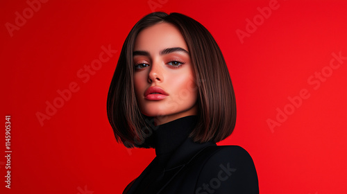 portrait of women with sleek, health, shoulder-length brown hair, dressed in a simple black outfit, again solid vibrant red background