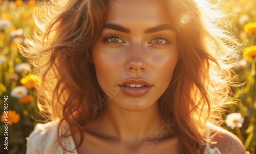 Young woman with sunlit hair in flowers