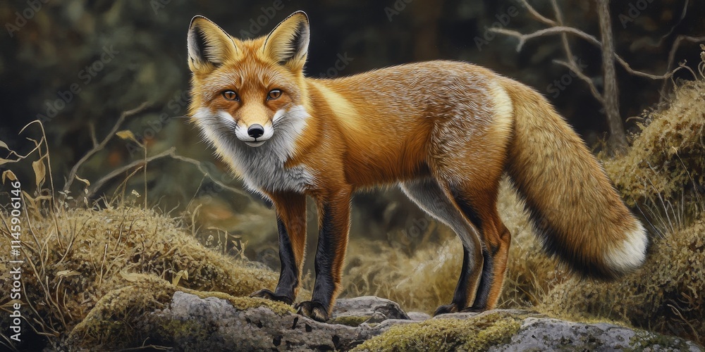 Fototapeta premium Full length portrait of a striking red fox in a natural setting. This beautiful wild fox displays a smart demeanor, showcasing the grace of woodland inhabitants with its captivating gaze.