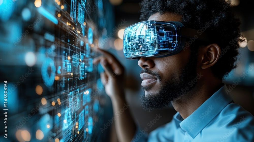 Exploring the Metaverse: Man with VR Headset Interacting with Digital Interface Exploring the Metaverse: Man with VR Headset Interacting with Digital Interface