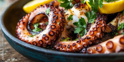 A close up view of a grilled octopus dish, beautifully adorned with fresh parsley, highlighting its details with a selective focus for emphasis. photo