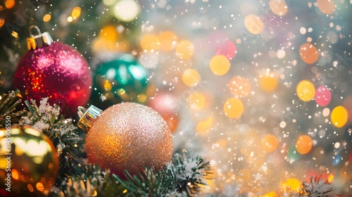 Festive Christmas Ornaments Adorn Snowy Tree Branches