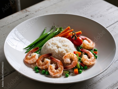 Shrimp with rice and vegetables served in a white bowl during a casual dining experience