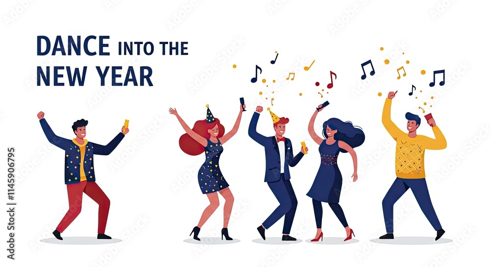 Cartoon Vector Art of a Joyful New Year 2025 Dance Celebration with Friends Cartoon Vector Art of a Joyful New Year 2025 Dance Celebration with Friends