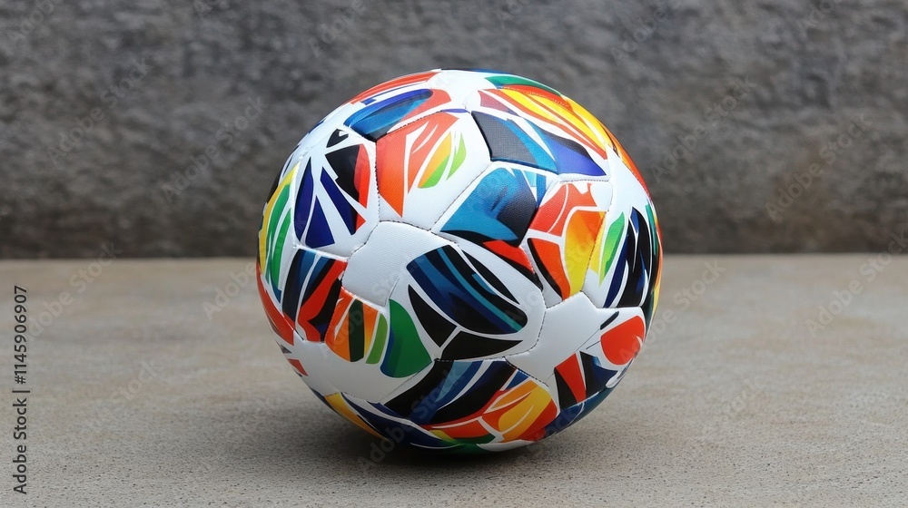 Fototapeta premium Colorful Soccer Ball Rests On Gray Surface