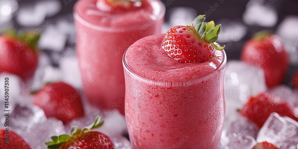 Delicious strawberry smoothies served over ice cubes create a refreshing dessert. Enjoy the delightful combination of strawberries and smoothies in this icy treat for a perfect dessert. Delicious strawberry smoothies served over ice cubes create a refreshing dessert. Enjoy the delightful combination of strawberries and smoothies in this icy treat for a perfect dessert.