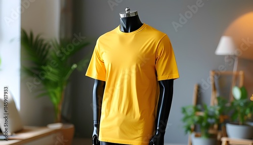 Stylish yellow blank t shirt mockup displayed in modern living room interior design fashion photography contemporary environment close-up view photo