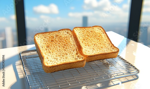 Freshly Toasted Bread Slices on a Wire Rack with City View photo