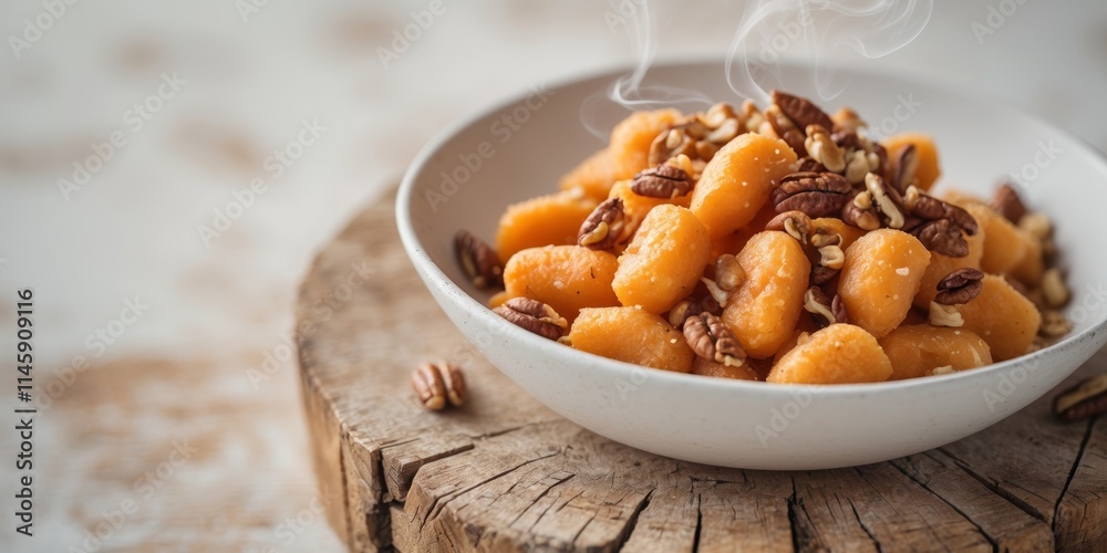 Hearty sweet potato gnocchi with nuts on a rustic wooden table Hearty sweet potato gnocchi with nuts on a rustic wooden table