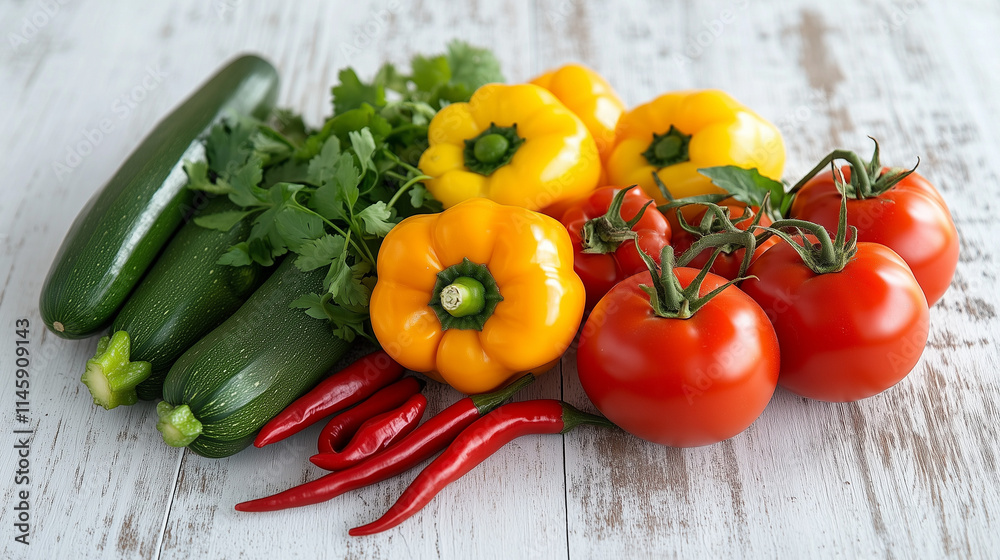 Red tomatoes on a twig, yellow bell peppers, green zucchini, hot red chili and a bunch of fresh herbs arranged on a light wooden background. Freshness, natural beauty of agricultural products. Red tomatoes on a twig, yellow bell peppers, green zucchini, hot red chili and a bunch of fresh herbs arranged on a light wooden background. Freshness, natural beauty of agricultural products.