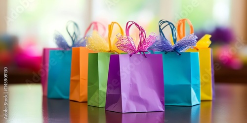 Colorful gift bags arranged on the table for a fun kids birthday party. These vibrant gift bags add excitement to the celebration, making the kids birthday party memorable.