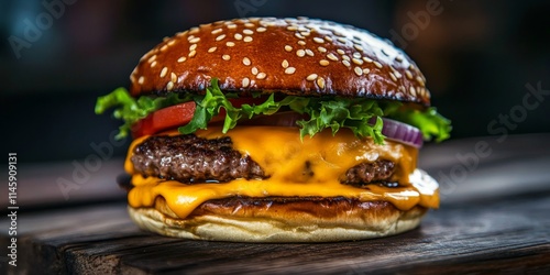 Delicious huge cheese burger presented on a rustic wood table, showcasing the juicy layers and melted cheese. This huge cheese burger is perfect for food lovers and culinary enthusiasts. photo