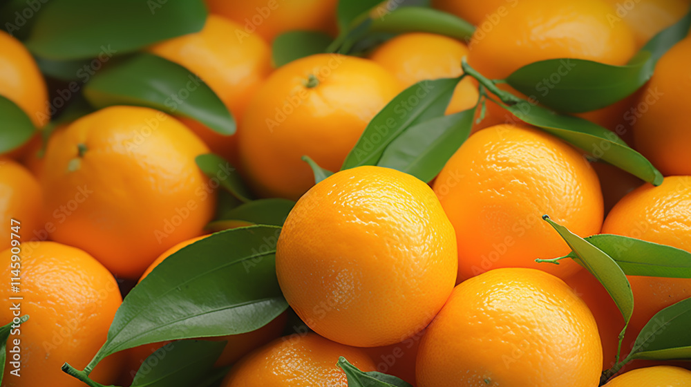 Fresh mandarin oranges fruit or tangerines with leaves, as background