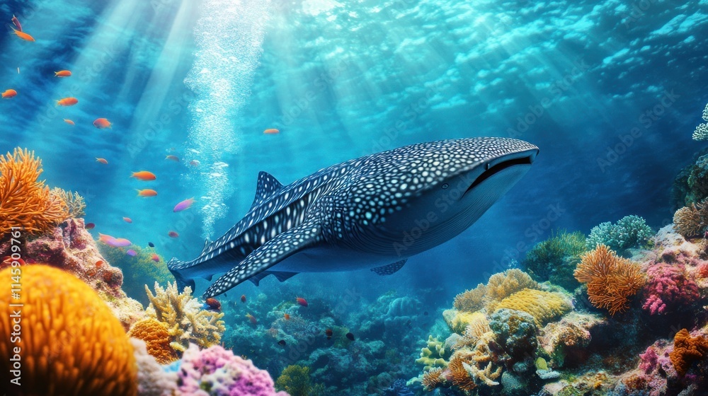 Whale Shark Swimming Through Vibrant Coral Reef Whale Shark Swimming Through Vibrant Coral Reef