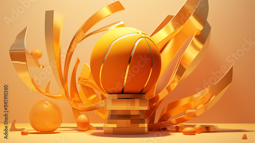 Cup with golden ball. Victory Sports Football Cup for Achievement. Realistic 3d design element In plastic cartoon style