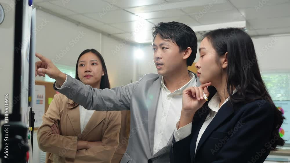 An operations manager presents a meeting to a team of economists using a whiteboard with growth analysis, charts, statistics, and data. Worker concept in a startup business office. An operations manager presents a meeting to a team of economists using a whiteboard with growth analysis, charts, statistics, and data. Worker concept in a startup business office.