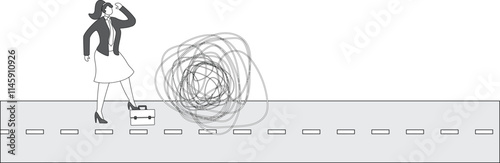 Businesswoman tries to find exit from complicated path