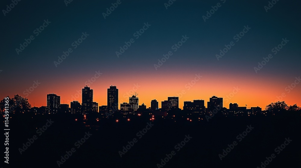 Naklejka premium A stunning city skyline silhouetted against a vibrant sunset, showcasing a gradient of colors transitioning from dark to light.