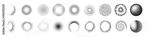 Halftone circular dotted frames set. Circle dots texture isolated on transparent background. Abstract circle elements set