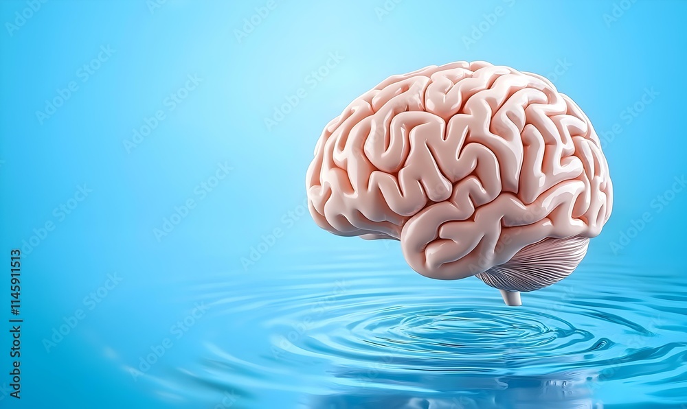 Brain Model in Calm Water Surface with Blue Background Brain Model in Calm Water Surface with Blue Background