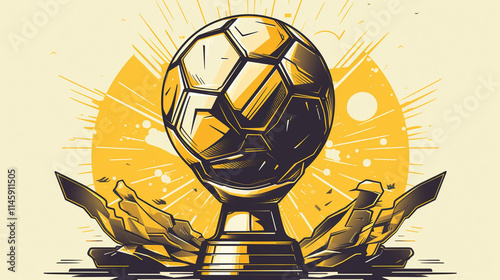 Cup with golden ball. Victory Sports Football Cup for Achievement. Realistic 3d design element In plastic cartoon style