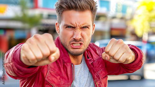 Angry Man in Red Jacket - Powerful Street Portrait