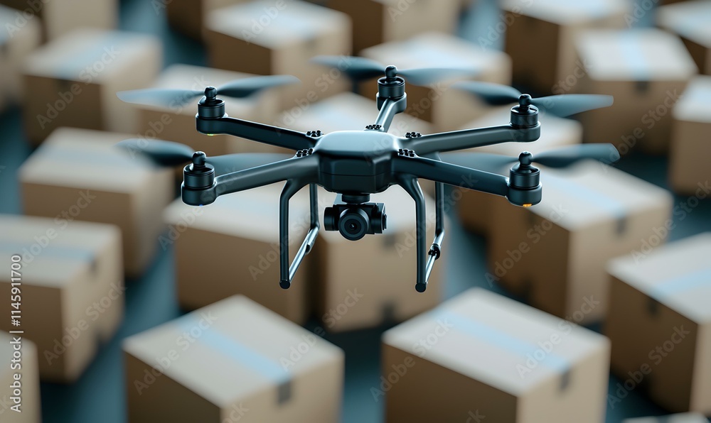 Drone Flying Over Delivery Boxes in Modern Warehouse Environment Drone Flying Over Delivery Boxes in Modern Warehouse Environment