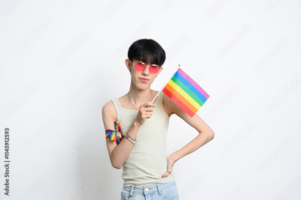 Portrait of young man in pink sunglasses holding a rainbow pride flag. Human rights and LGBTQ community concept Portrait of young man in pink sunglasses holding a rainbow pride flag. Human rights and LGBTQ community concept