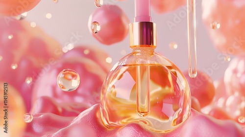 3d rendering of collagen bubbles on molecular background illustrating cosmetic oil liquid and skincare innovation concepts.