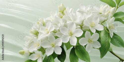 A cluster of fragrant white jasmine blooms amidst fresh green leaves exudes calming beauty photo