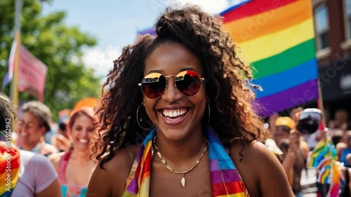 Happy black curly woman in sunglasses at the LGBTQ pride parade, rainbow flag in background